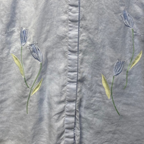 Sag Harbor Womens Blue 100% Linen Floral Embroidered Roll Tab Shirt Large VTG - Picture 2 of 11